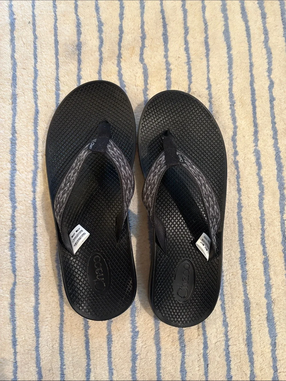 Chaco Black Flip Flops with Gray Patterned Straps